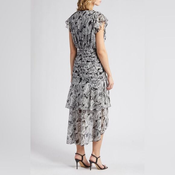 NEW TAHARI ASL Paisley Side Ruched Midi Dress in Black Ivory Plus Size 14 - Picture 4 of 14